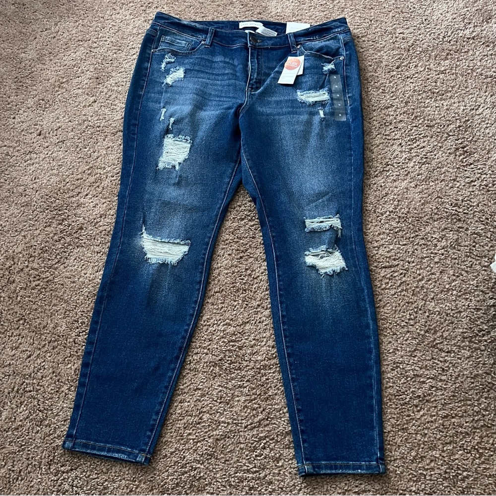 Lane Bryant Dark Blue Flex Magic Distressed Mid Rise Skinny Jeans - Picture 3 of 10
